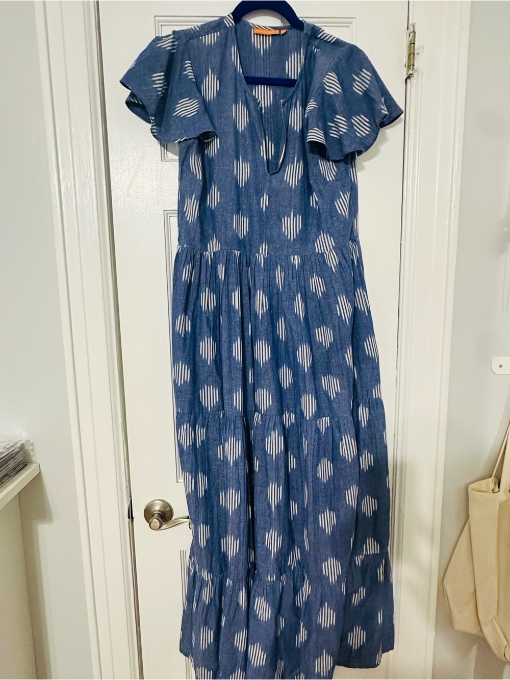 Oliphant Blue Maxi Dress with White Spot Ikat Print